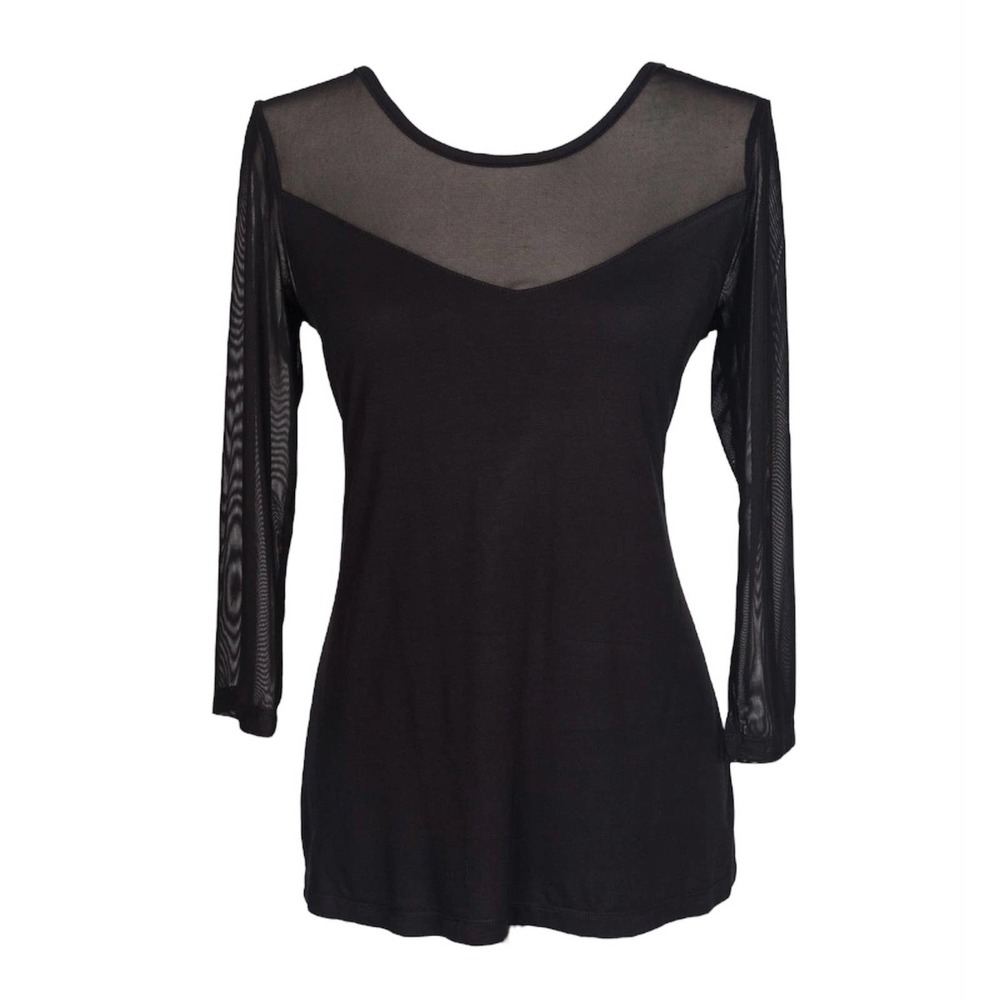 Women's Black Top Blouse Sheer Sleeves Size S Mech 3/4 Sleeve NWT Klaveli